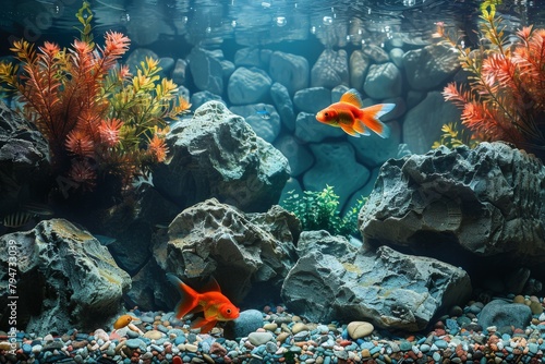 A beautiful aquarium with various fish  algae  and stones. Lovely decoration for the aquarium. 