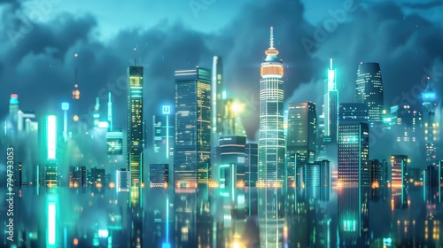 Futuristic city skyline with smart buildings and renewable energy