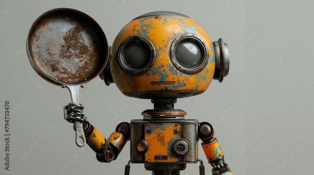 A robot holding a frying pan. The concept of the future where robots will be able to perform all kinds of tasks.