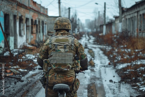 A military man in a bulletproof vest and helmet rides a bicycle. The concept of the army's poverty, insufficient equipment for soldiers.