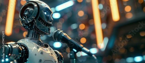 A robot singing into a microphone. The concept of the future where robots will be able to perform all kinds of tasks photo