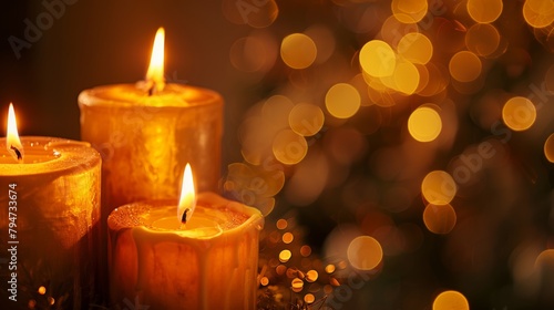 Warm candlelight with a soft golden glow and festive bokeh effect creating a tranquil atmosphere.