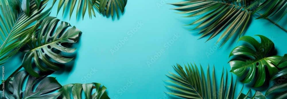 Tropical leaves on a turquoise background with copy space