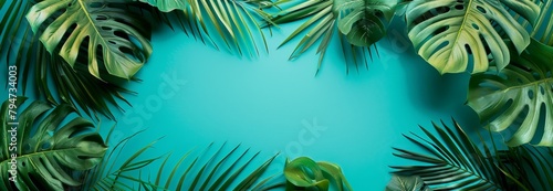Tropical leaves on a turquoise background with copy space © wanna