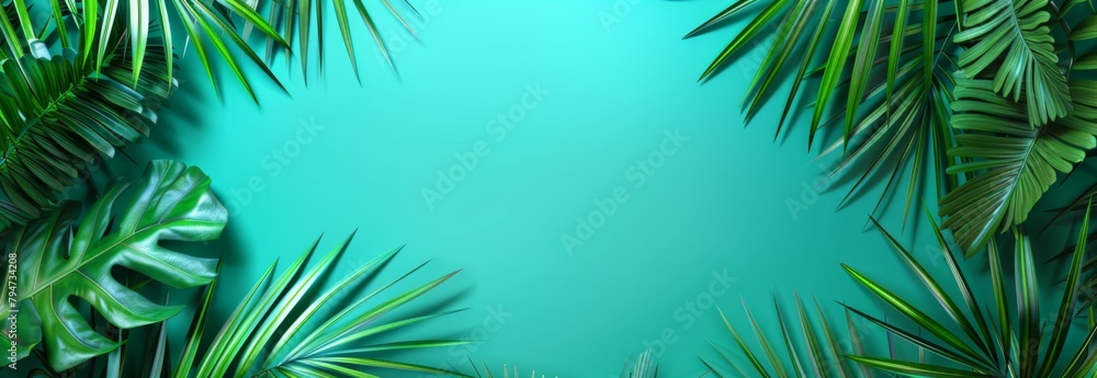 Tropical leaves on a turquoise background with copy space Tropical leaves on a turquoise background with copy space