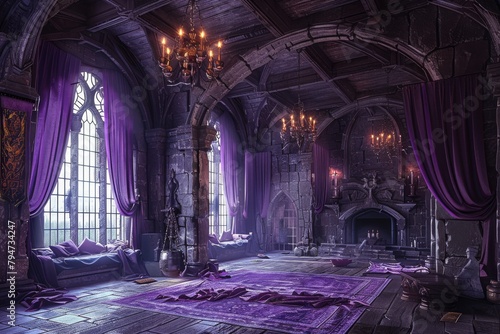 A medieval castle interior, in shades of purple, sets the scene for a fantasy game concept, evoking a sense of mystery and magic.