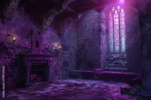 A medieval castle interior, in shades of purple, sets the scene for a fantasy game concept, evoking a sense of mystery and magic.






