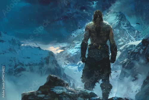A Viking warrior stands with their back to us, silhouetted against towering mountains under a starry night sky, embodying strength and valor.