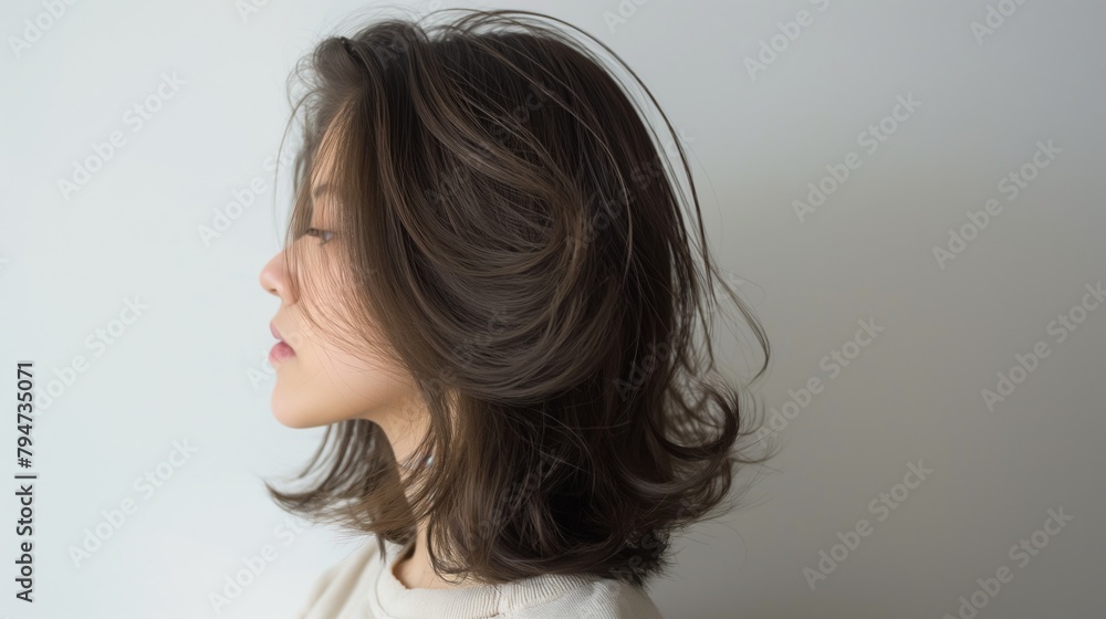 Obraz premium Beautiful asian women's hair with a brown ash color, styled in a curly hairstyle, side view against a white background.