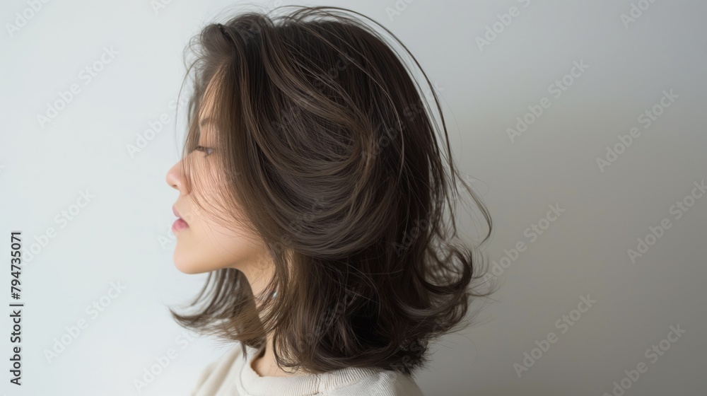 Beautiful asian women's hair with a brown ash color, styled in a curly hairstyle, side view against a white background. Beautiful asian women's hair with a brown ash color, styled in a curly hairstyle, side view against a white background.