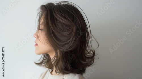 Beautiful asian women's hair with a brown ash color, styled in a curly hairstyle, side view against a white background. © Pro Hi-Res