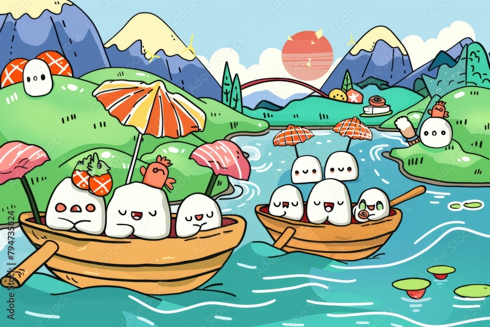Naklejka premium Cartoon cute doodles of sushi characters riding on sushi boats down a river, enjoying a scenic journey, Generative AI