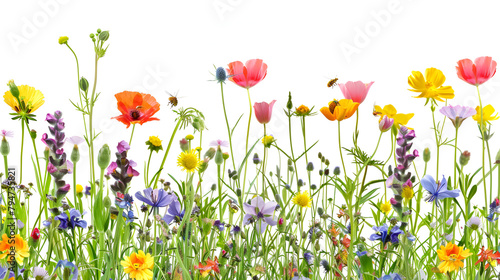 grass and wildflowers isolated background, Beautiful composition of wild flowers, Concept of spring with meadow and water reflection, isolated on white background, Summer flower on white background