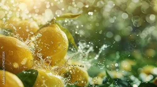 Sun-kissed fresh lemons with vibrant green leaves  splashed by sparkling water droplets  backlit with soft bokeh.