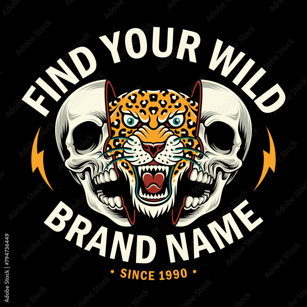 Old school tattoo of a split skull with a leopard inside Old school tattoo of a split skull with a leopard inside