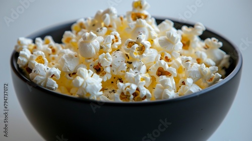 A bowl filled with freshly popped popcorn, sprinkled with savory seasoning and aromatic herbs. 