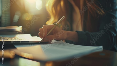 A woman sitting at a desk, writing on a piece of paper with a pen in hand