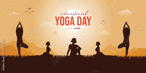 International Yoga Day 21st june wishes or greeting banner poster design with sun, birds, grass, and mountain, view, background, design, social, media, wishing, poster, banner, vector, illustration, 