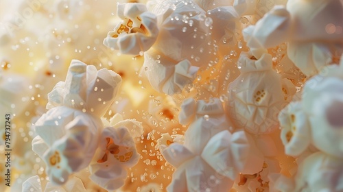 A close-up of fluffy popcorn kernels bursting with buttery goodness, ready for movie night.  photo