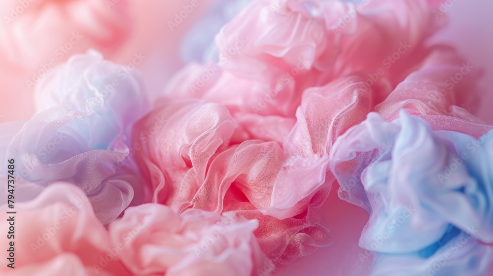 Detailed view of delicately arranged pink and blue cotton candy strands, showcasing their soft pastel colors
