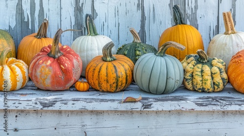 Assorted pumpkins in vibrant colors arranged on a weathered wooden bench