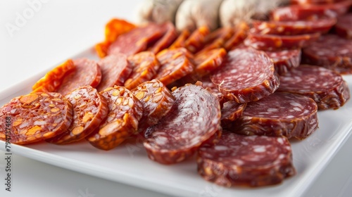 A variety of dry-cured sausages such as fuet and chorizo neatly arranged and sliced on a white plate