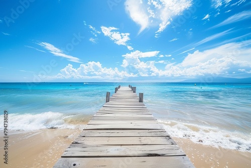 Sundrenched beach and wooden pier under a bright blue sky  perfect for a tranquil day by the sea