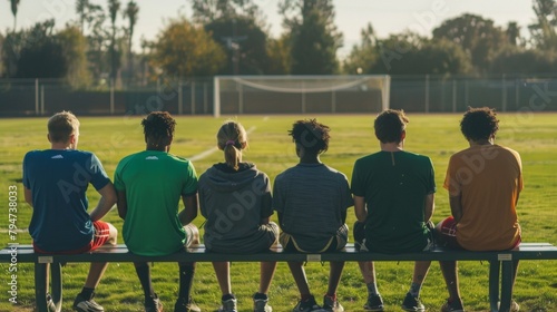 A group of athletes sit on a bench facing away from the camera and gazing out at the green field in front of them. relaxed postures . .