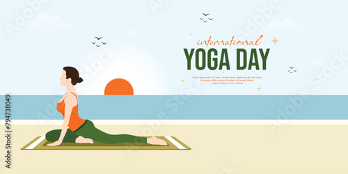 International Yoga Day wishes or greeting banner poster with beach theme sun rise background design, woman, doing, Pigeon, yoga, pose, 21st June, Creative, illustration, social, media, wishing, post