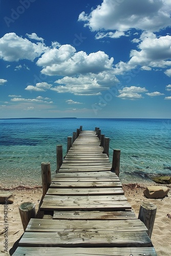 The wooden piers rugged planks contrast with the smooth beach and deep blue sky, offering a peaceful retreat