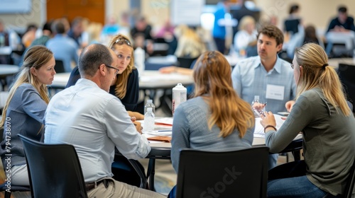 A group of individuals engaged in conversation and collaboration while sitting around a table during a workshop session © Ilia Nesolenyi