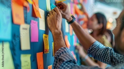 Professionals rearranging sticky notes on a wall during a brainstorming session photo