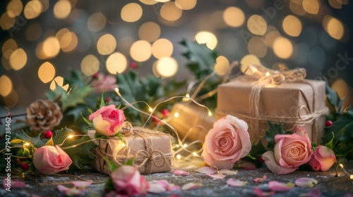 Gift boxes among pink roses and holly  twinkling lights  warm holiday arrangement.