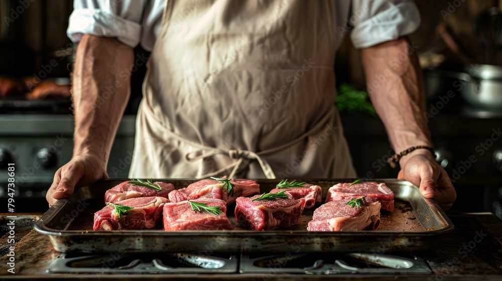 A chef in an apron holds a tray of raw organic pork steaks in a professional kitchen