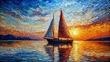 Oil painting of colorful sailboat illustration.