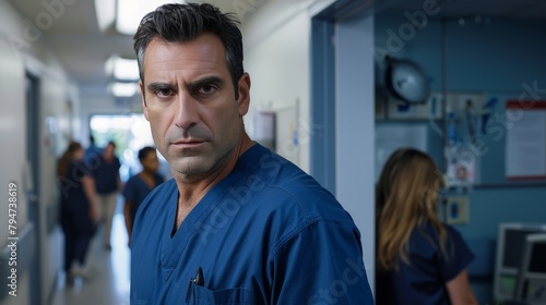 Mature male nurse in blue scrubs with a serious expression walking in a hospital corridor.