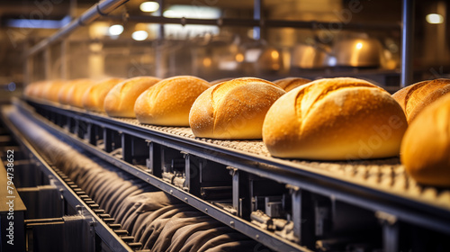 Loaves of bread in a bakery on an automated conveyor belt, photo shot --ar 16:9 --v 5.2 Job ID: 4387bfd4-71b7-424b-8a11-29e990853825