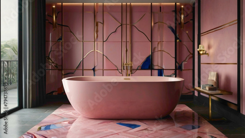 interior bathroom deign and decoration with showers set and interior tiles in the background in the combination of the blue and red color abstract background 