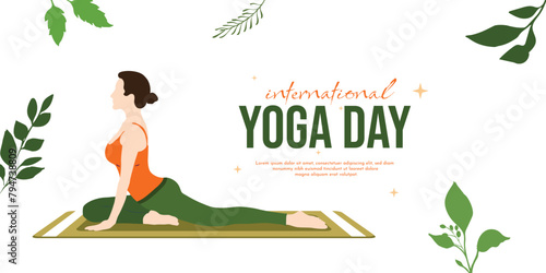 International yoga day wishes, banner or poster design with leaves, nature, background, or Pigeon, yoga, pose on 21st June, Creative, illustration, of woman, doing, yoga, social, media, vector file
