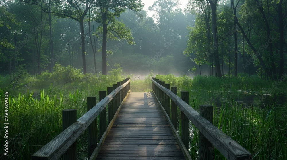 Serene Dawn in Wetlands: Wooden Pathway and Marshland as Carbon Sink