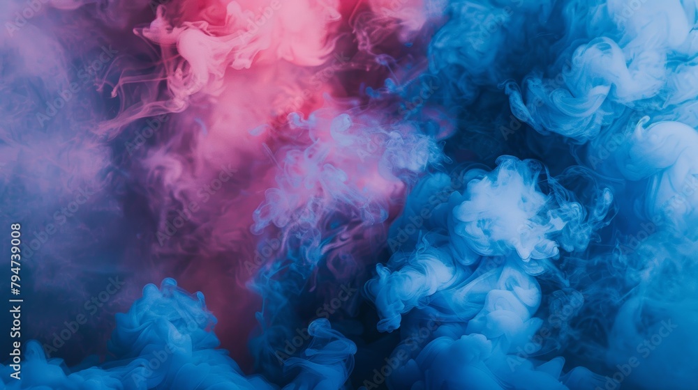 Vivid abstract clouds of intertwining pink and blue smoke, creating a mystical and dreamy atmosphere.
