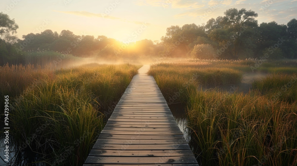 Fototapeta premium Serene Dawn in Wetlands: Wooden Walkway Amidst Marshes for American Wetlands Month