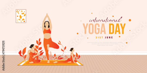 International yoga day wishes banner or poster design with skin color background, yoga, tree pose, Vrikshasana, yoga, 21st June, Creative, illustration, of woman, doing, yoga, social, media, vector