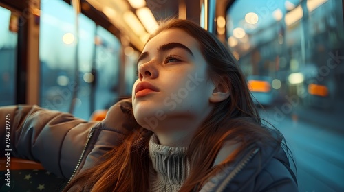 Young Woman Looking Out Bus Window at Atmospheric Urban Cityscape