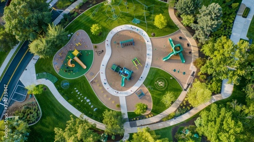 A drones eye view of a playground in a park, showing swings, slides, jungle gyms, and children playing