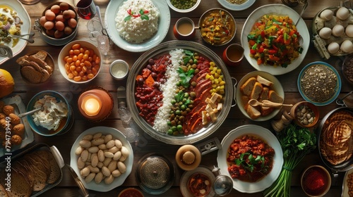 A panoramic view of a beautifully arranged Passover meal, showcasing the variety of dishes prepared for the Second Passover celebration. © Ammar