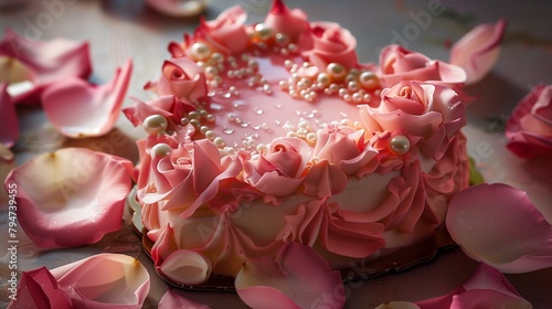 A sumptuous heart-shaped cake adorned with delicate rose petals and shimmering edible pearls. 