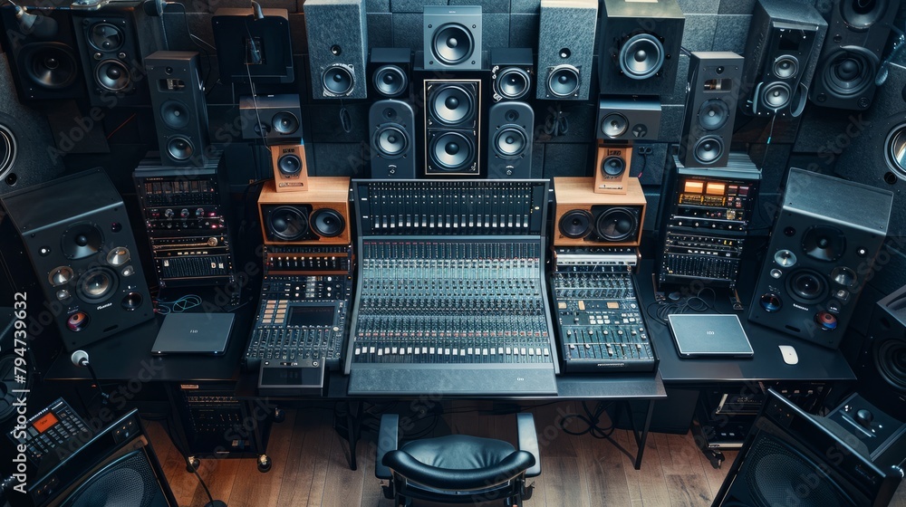 The room is filled with a variety of sound equipment including monitors, mixers, and speakers meticulously arranged in a professional recording studio setup