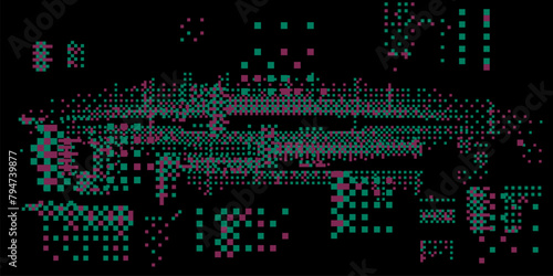 Screen with neon pixel glitches and flickers. Concept vector illustration of a broken or malware program.