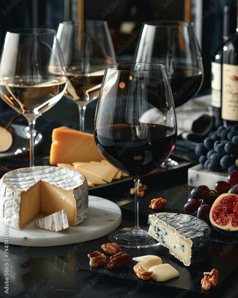 National Wine Day Celebration: Artistic Display of Cheeses & Wines on a Sleek Black Table with Modern Lighting